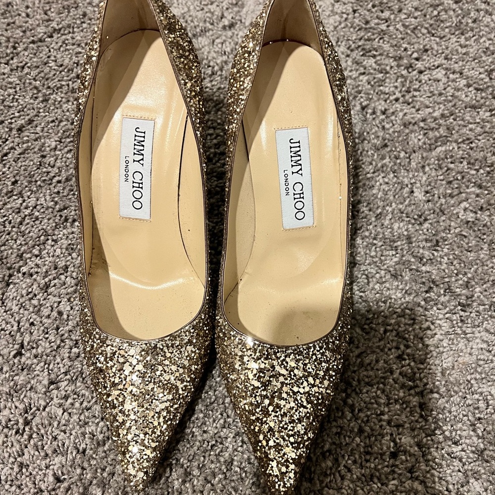 Jimmy Choo Gold Glitter Pointy Heels Size 36